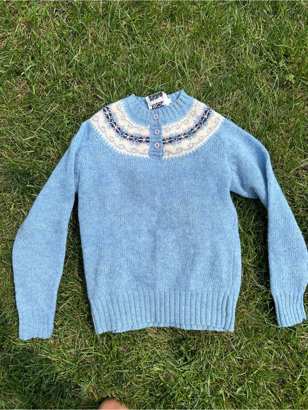 Ricki's Light Blue Fair Isle Cowl Sweater with Button Yoke